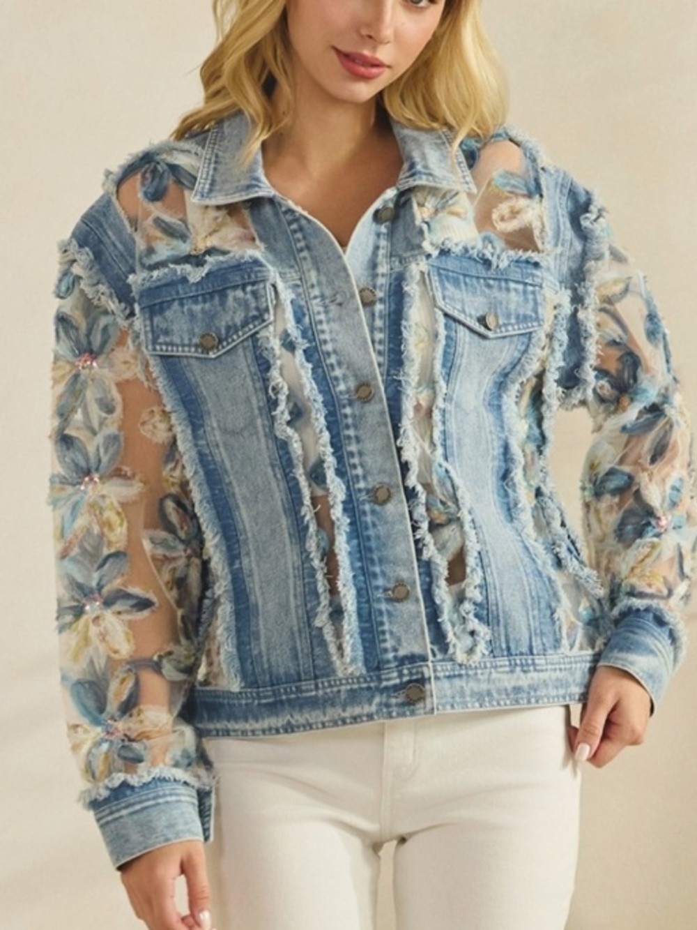 Western Floral Lace Appliqué Semi Sheer Button Down Frayed Jacket - Picture 2 of 13